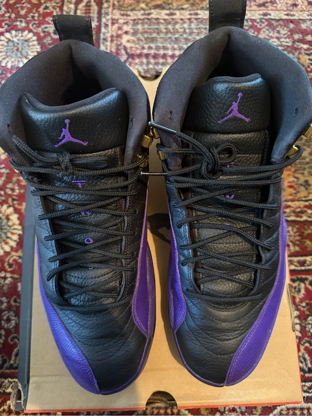 Jordan 12 Retro Field Purple Sneakers - Black & Purple with Gold Eyelets